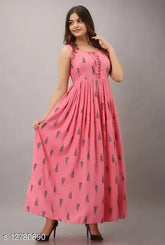 Demirner pink printed rayon Anarkali, sleeveless dress in vibrant Indian print (S, M, L, XXL)